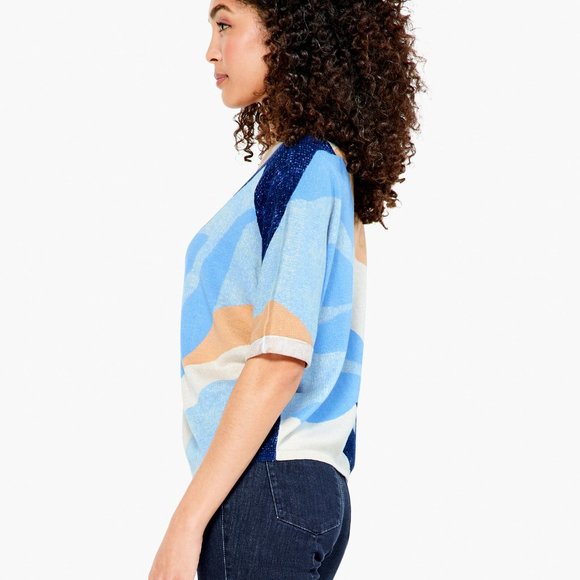 Nic+Zoe OCEAN ISLE Short Sleeve V Neck Loose Fitting Blue Geometric Knit SWEATER - Picture 6 of 16
